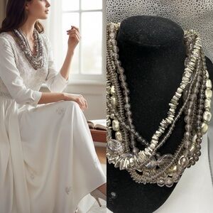 Chunky Silver Gray Multi Strand Statement Necklace Smoky Beads